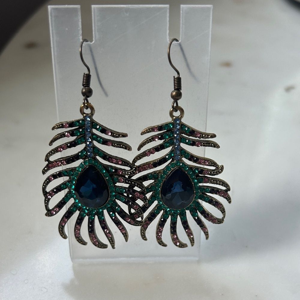 Statement Crystal Peacock Feather Statement Pierc… - image 2